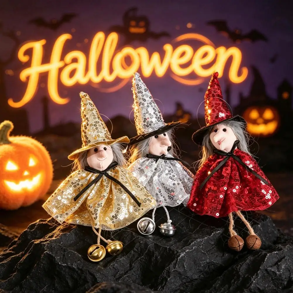 Witch Doll Decoration Halloween Witch Doll with Bells Sequins Fabric Hanging Decoration for Tree Party Home Window Halloween