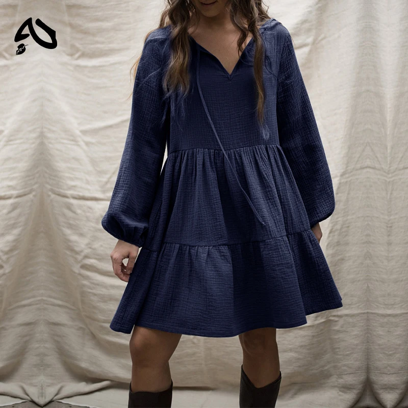 Original Muslin 100% Cotton Dress Retro Loose Lace-up Ruffles Long Sleeve Green Dresses Women Robe Elegant Party Dresses