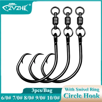 ZYZ ตะขอวงกลม 3 ชิ้น/ถุงพร้อมแหวนหมุน 6/0 #   7/0 #   8/0 #   9/0 #   10/0 #   Anti-tangling Sea Fishing Hooks Fishhook Swivel Set Tackle