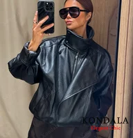 Chaqueta de cuero con cuello levantado para mujer, chaqueta de piloto con cremallera de PU de imitación, abrigo informal a la moda, prendas de vestir, chaqueta para mujer 2025