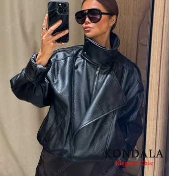 Women Fall Winter Leather Standing Collar Jacket Faux PU Zipper Pilot Jacket