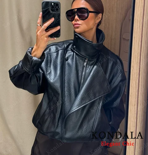Chaqueta de cuero con cuello levantado para mujer, chaqueta de piloto con cremallera de PU de imitación, abrigo informal a la moda, prendas de vestir, chaqueta para mujer 2025