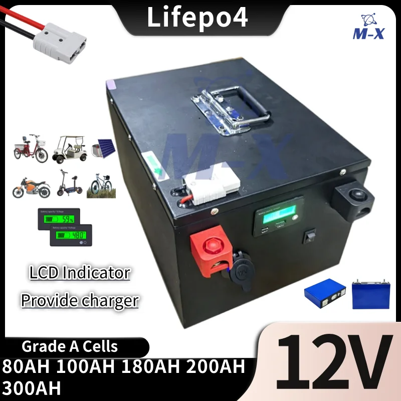 

LIFEPO4 battery 12V 200AH 80AH 100AH 180AH 300AH BMS lithium battery for backup power household Energy Storage and camping