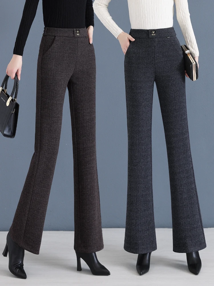 

High-End Woolen Straight Leg Pants Women's Autumn Winter Thickened Elastic High Waist Slimming Fleece Lined Bell Bottoms