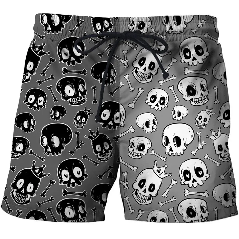 Shorts masculinos casuais estampados, shorts caseiros confortáveis, shorts populares de verão, shorts de praia ao ar livre, cabeça de caveira