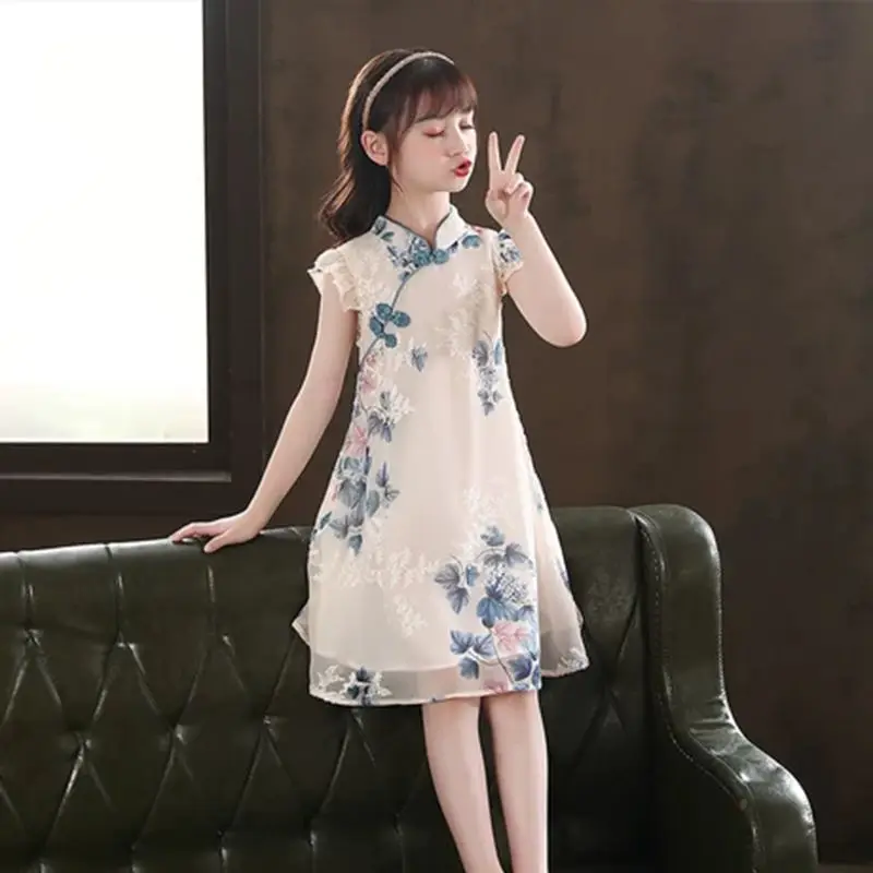 Summer Girls Princess Hanfu Dress Kids Clothes Children Daily Party Traditional Chinese Floral Print Cheongsam Dresses