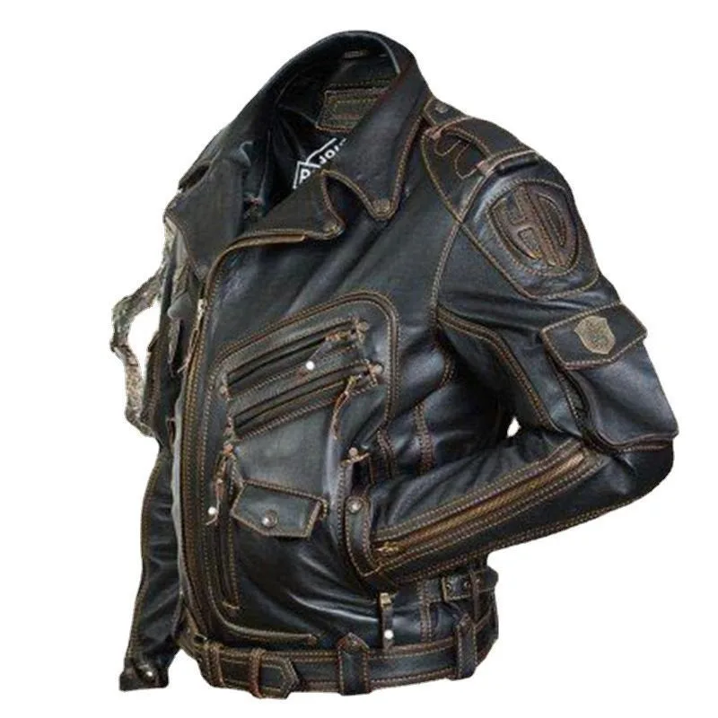 Motorcycle Jacket Vintage Rider Motorcycle Multi-Zip Jacket Lapel Jacket Large Size Show Leather Men