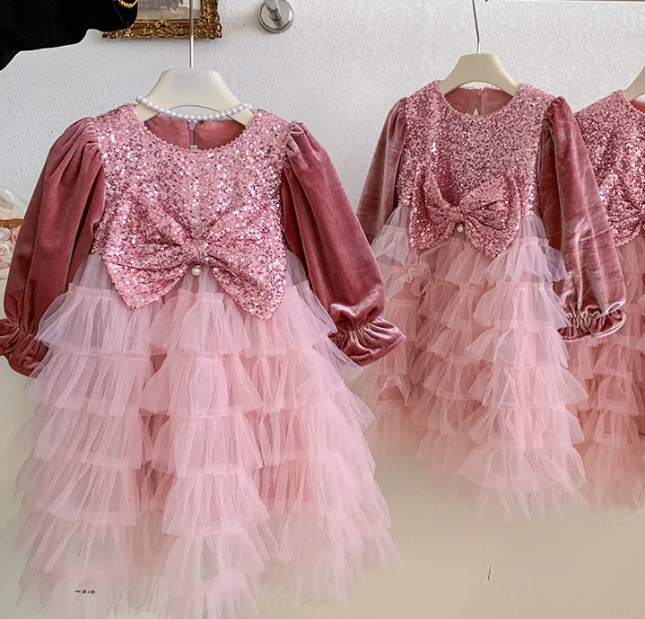 Retail New Baby Girls Boutique Pink Velour Fleece  Mesh Tutu  Flower Dress, Princess Kids  Elegant Party Birthday Dress  2-6T