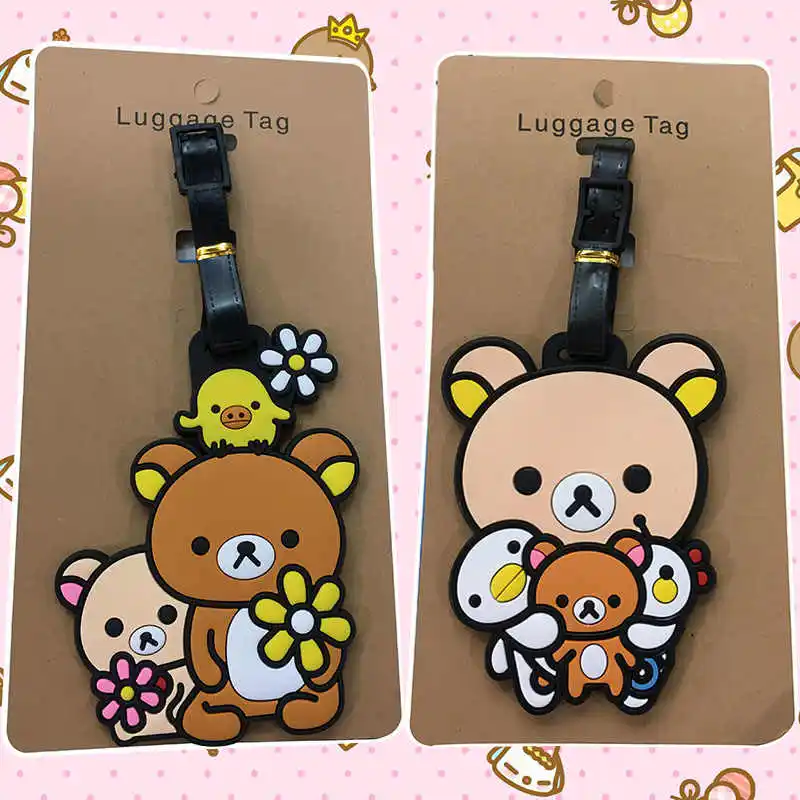 New Cute Cartoon Rilakkuma Lala Lazy Bear Checked Luggage Tag Anime Kawaii Waterproof PVC Soft Pendant Luggage Accessories Gifts