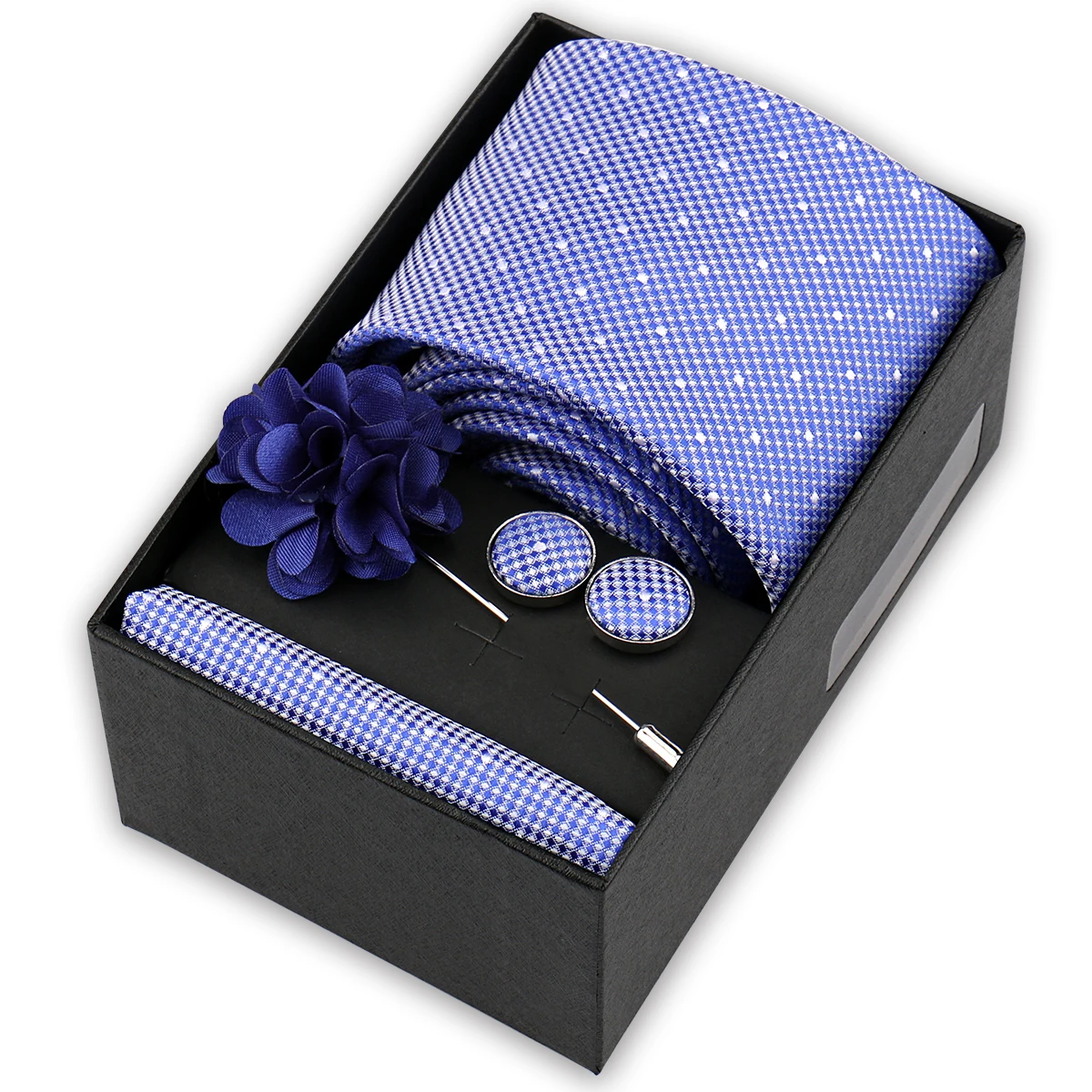 Set di cravatte di alta qualità Scatola Cravatte eleganti per uomo Cravatta Fazzoletto Gemelli Spilla 4 pezzi Set Accessori per abiti Regalo di nozze aziendale