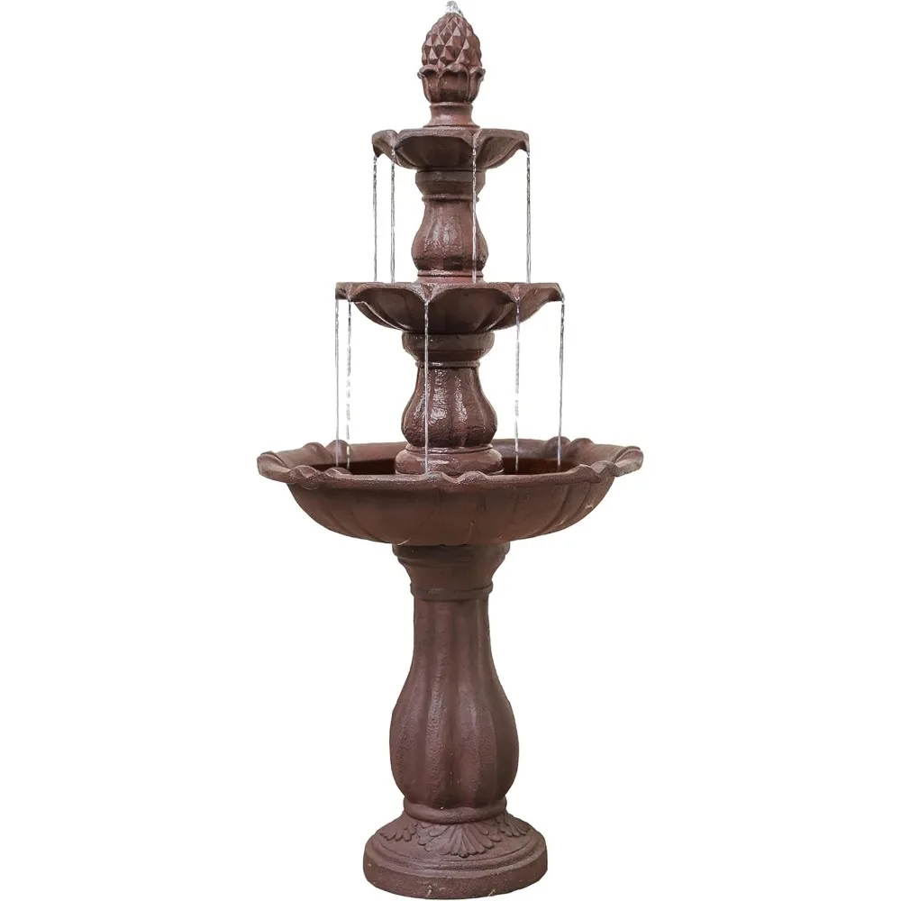 3-Tier Freestanding Waterfall Fountain w/Pump & Pineapple Top, 51 Inch Tall, Brown, Large Outdoor Garden Fountain, Ideal Garden