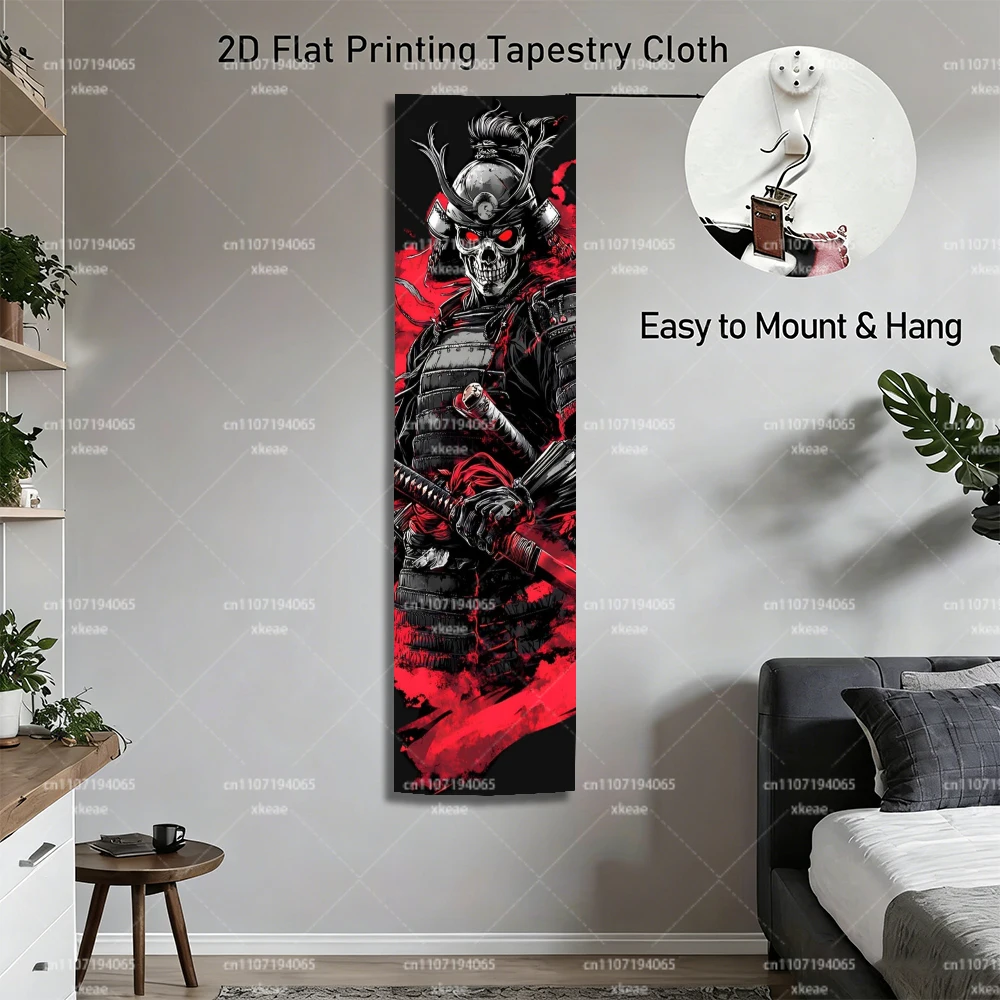 Vertical Samurai Skull Tapestry, Red Black Ronin Katana Wall Hanging, 40x150cm Washable Polyester Bedroom Decor