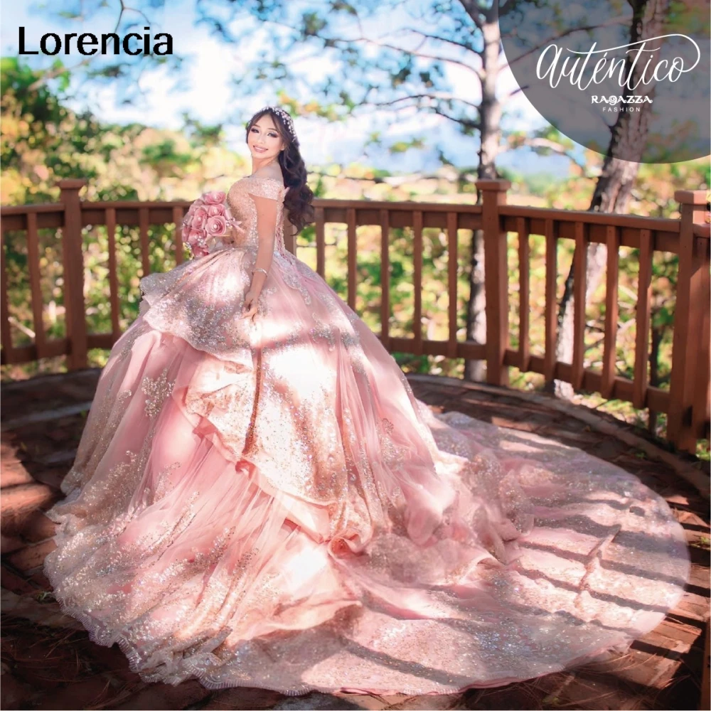 

Customized Charro Tiered Pink Quinceanera Dress Ball Gown Gold Appplique Beaded Crystal Corset Sweet 16 Vestidos De 15 Años YD10