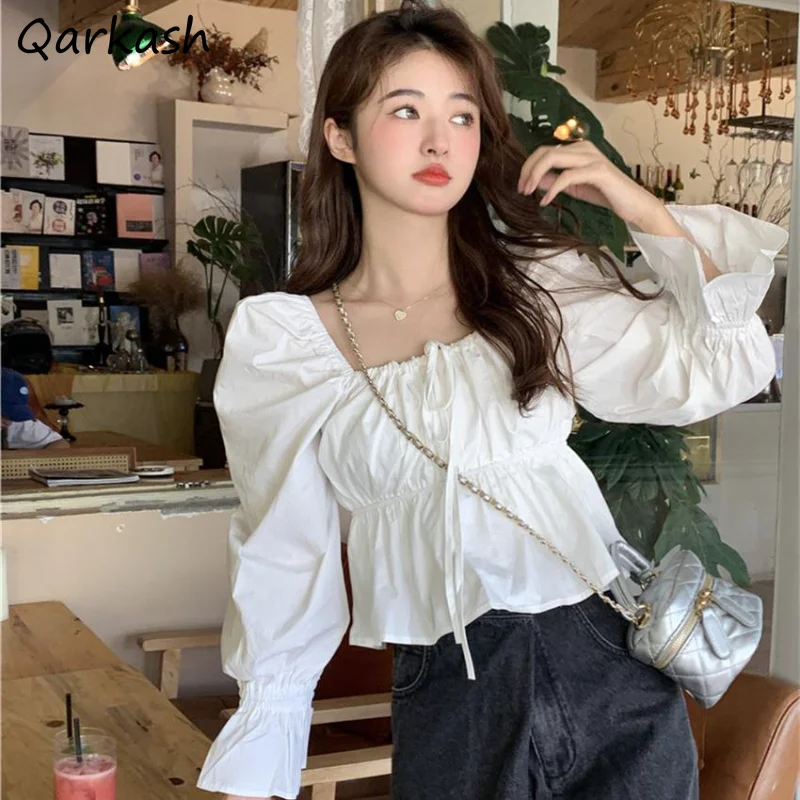 Puff Long Sleeve Blouses Women Bandage Solid Sweet Girlish Crop Tops Casual Chic Spring Hotsweet Stylish All-match Streetwear