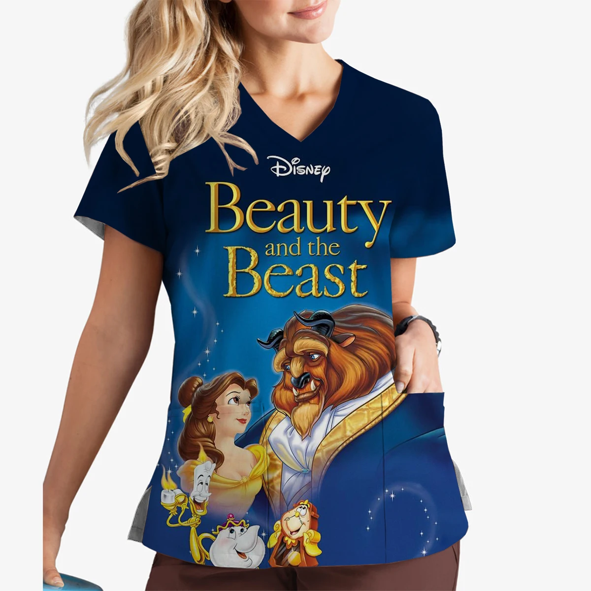 Belle en het Beest Print Mode Disney Korte mouw V-hals Print Scrub Top Dierenwinkel Veterinaire Damesverplegingskleding