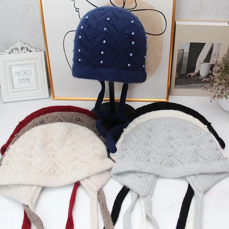 Bomber Hat Women Winter Angora Knit Beanie Pearls Warm Accessory For Cold Weather Outdoor Skiing Sports Holiday