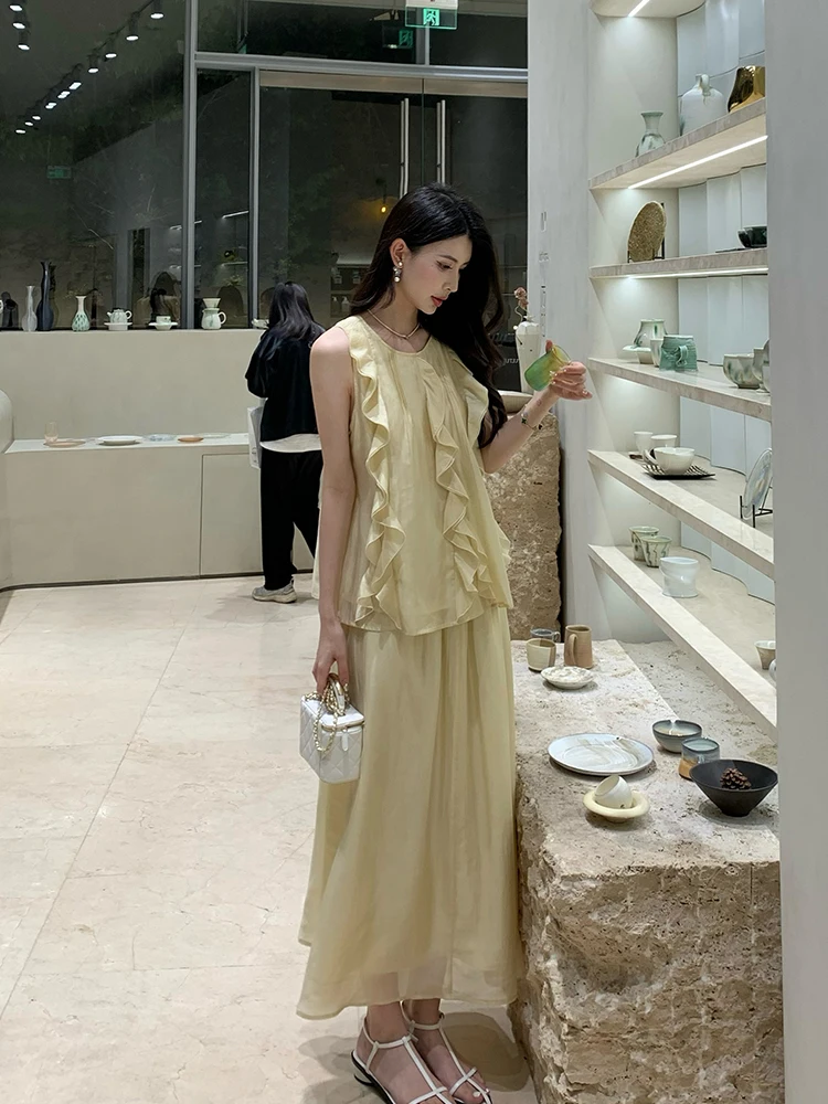 

KUN Pear Fragrance Yellow Lace Shirt Half Skirt Two-Piece Set Women's Fashion Summer round Neck Sleeveless Asymmetrical Hem