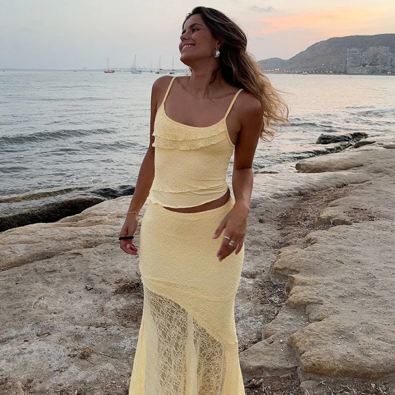 

EOENKKY кружевной комплект с длинной юбкой на бретельках, летняя прозрачная спинка с высокой талией, женский комплект из двух предметов, сексуальный комплект с длинной юбкой для пляжного отдыха