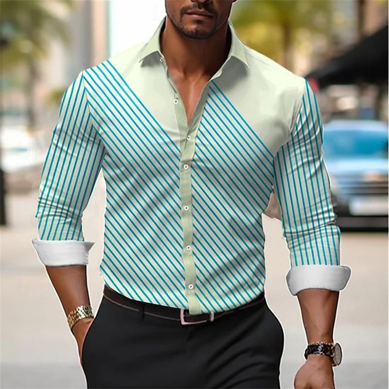 Camisa a cuadros de línea 3D para hombre, camisa de manga larga con solapa de alta calidad, camisa Social para hombre, ropa de lujo, camisa ajustada de gran tamaño para graduación