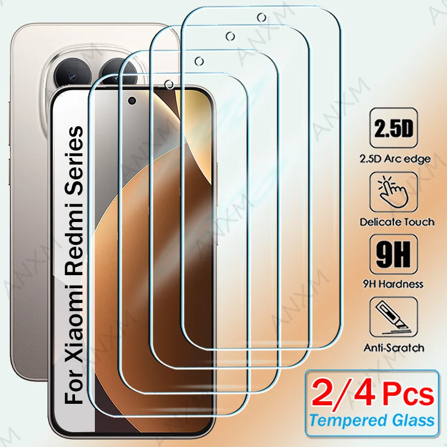 2/4 Stück Gehärtetes Glas Displayschutzfolie für Xiaomi Redmi Note 12 13 14 15 Pro 14s 13C 14C 15C Klares Klebeglas Schutzglas