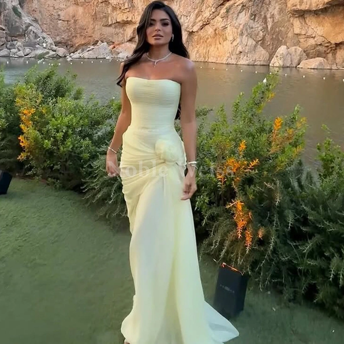 

Strapless Chiffon Evening Dress Mermaid Prom Gown with Flowers Customize