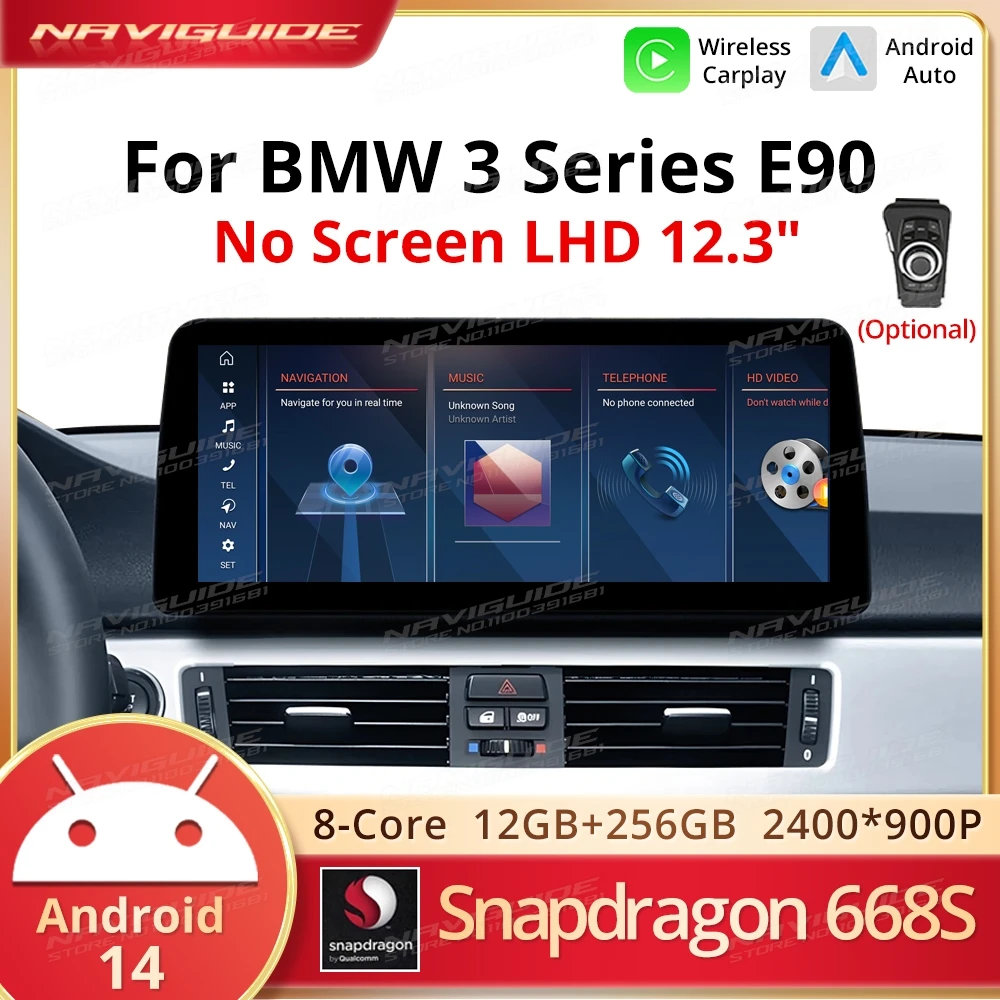 

NAVIGUIDE 12,3 дюйма Android14 Беспроводной CarPlay Auto для BMW 3 серии E90 без экрана LHD 2006-2010, автомобильный мультимедийный плеер, головное устройство с GPS