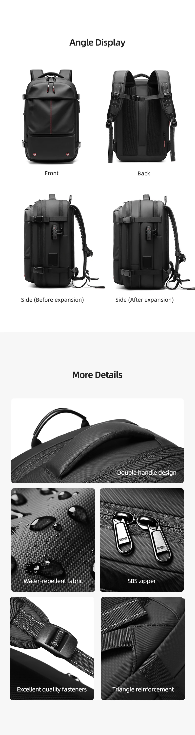 Herren-Reiserucksack mit One-Click-Start-Pumpe, Vakuum-Kompression, Laptopfach, Wandern, Outdoor, 17 Zoll, erweiterbarer Schulrucksack – Detail 19