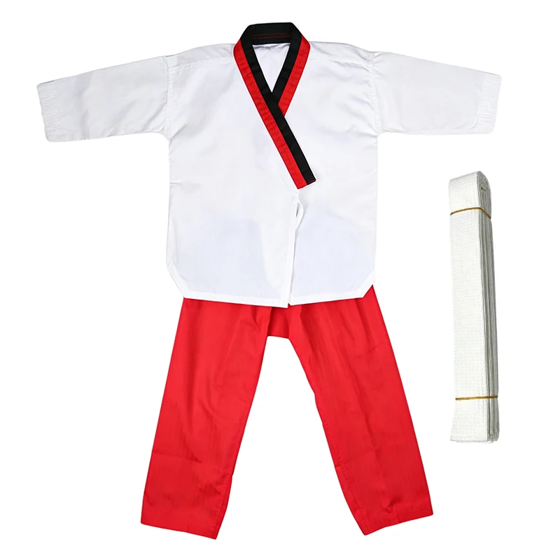 poomsae-taekwondo-uniform-set-for-kids-adults-white-v-neck-top-red-pants-and-white-belt-for-tae-kwon-do-training-competition