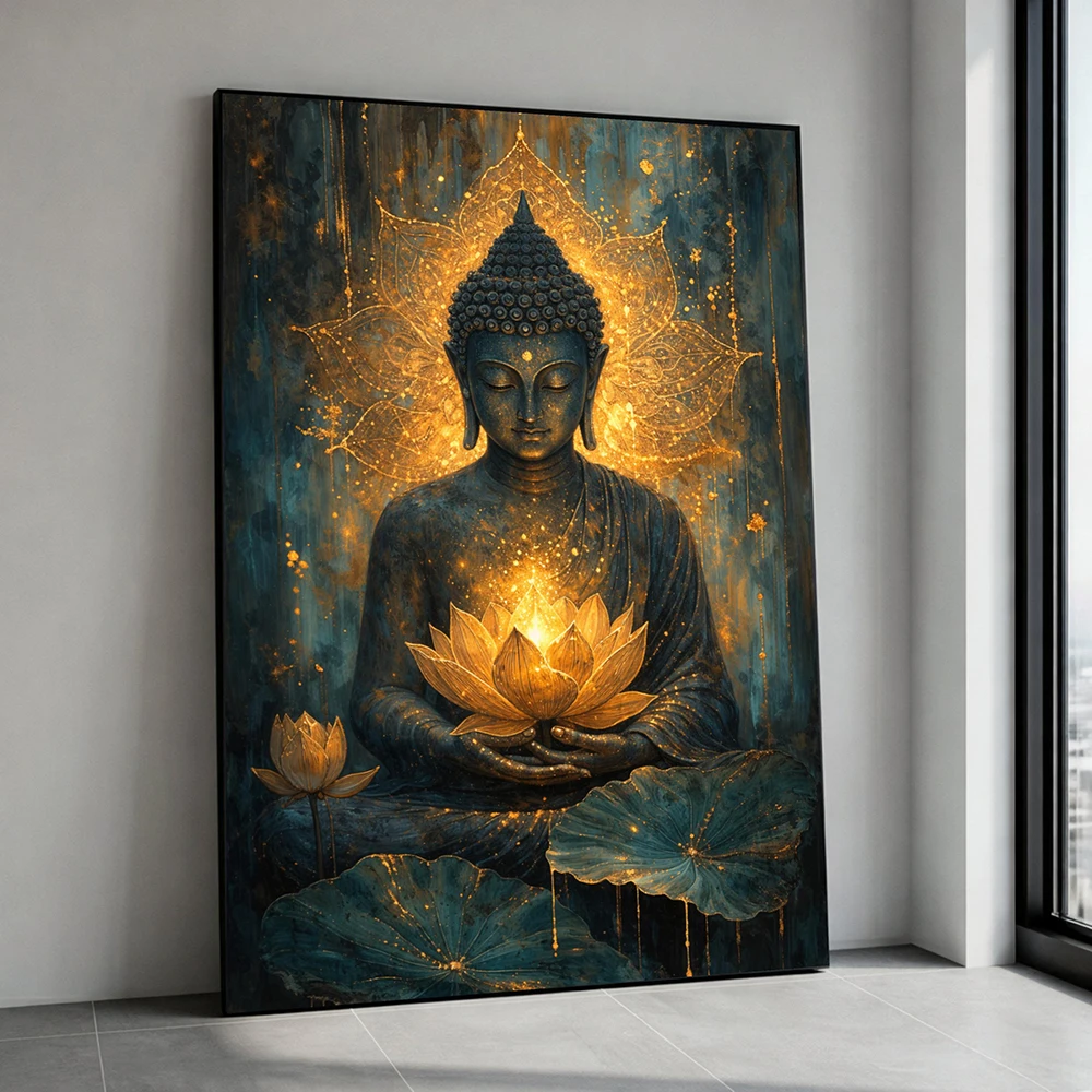 Meditative Buddha with glowing lotus cloth, spiritual wall art, Zen decor, inspiring Buddha painting, peaceful canvas print art