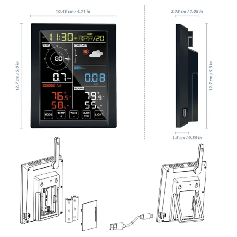 WN1980 C Weather Station Display Console Receiver WLAN Gateway, Self-Contained Barometric Temperature Humidity Durable