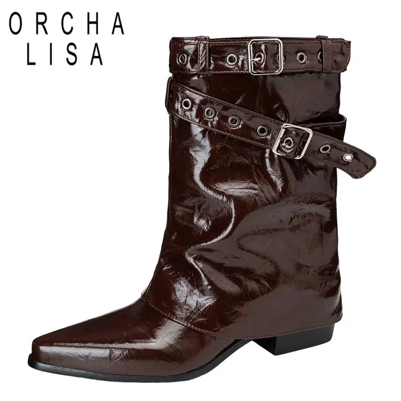 

ORCHA LISA 2025 New RetroInspired Women Mid Calf Boots Pointed Toe Block Heels 5.5cm Slip On Metal Decoration Big Size 46 47 48