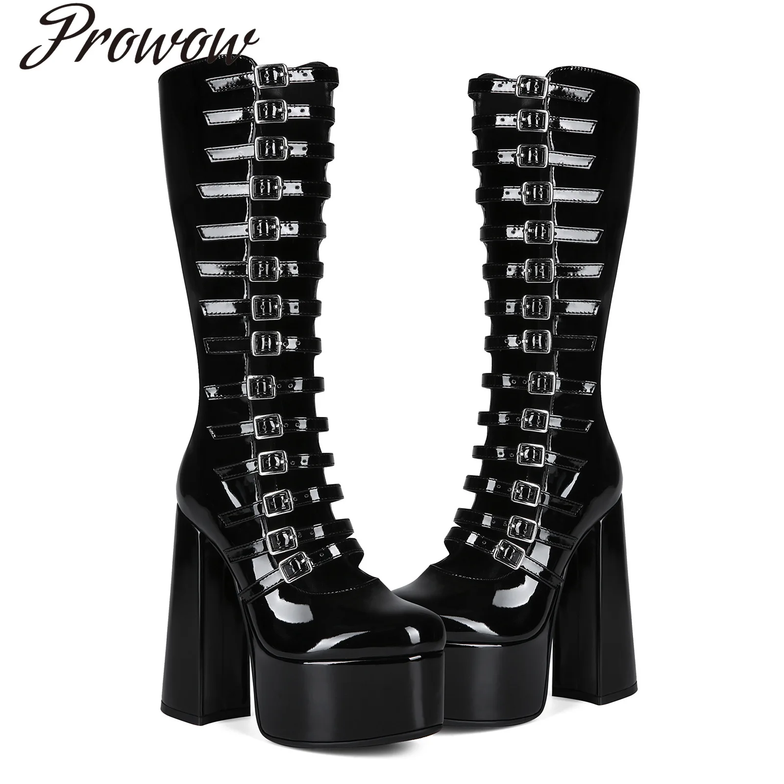 

Сапоги до колена на высоком каблуке в готическом стиле с черной пряжкой и платформой на толстом каблуке, женская обувь Zapatos Mujer