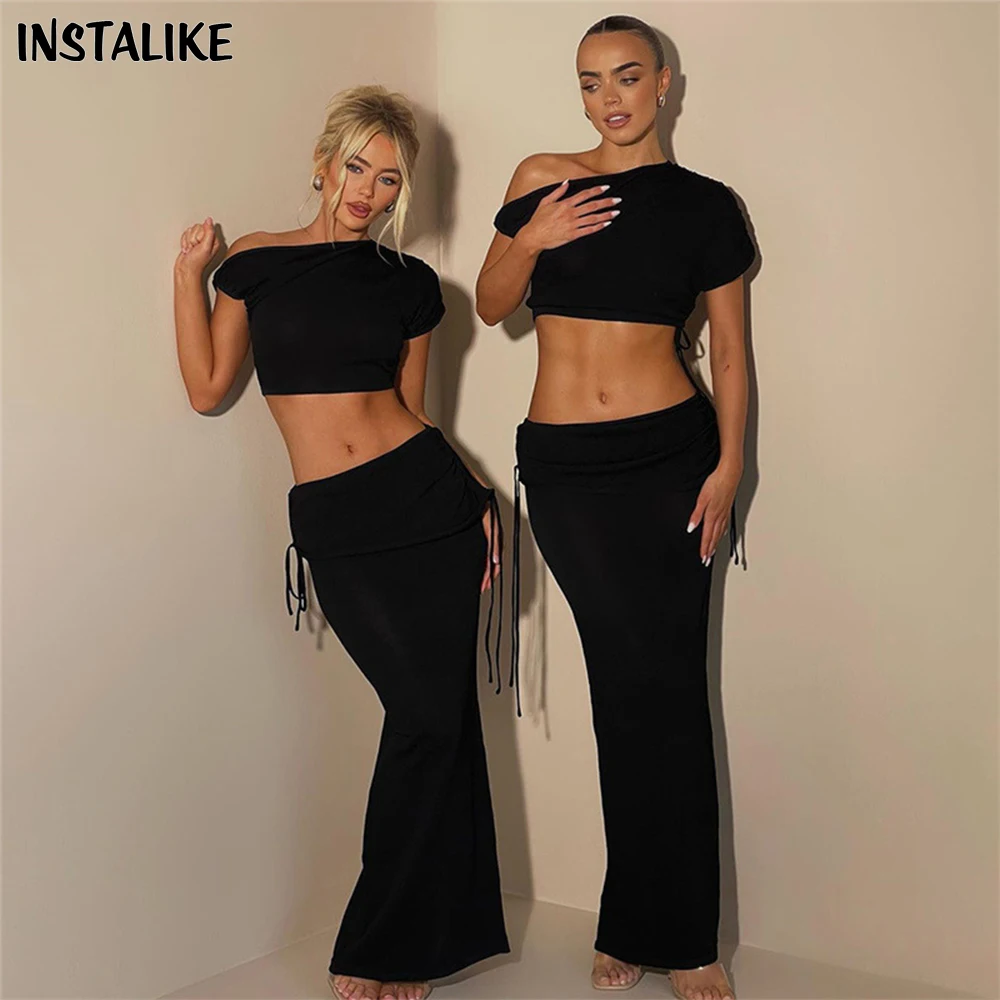 

InsLike Sexy One Shoulder Folds Skirts Sets For Women Solid Fashion Drawstring Crop Tops Skirts New In Office Lady Matching Sets