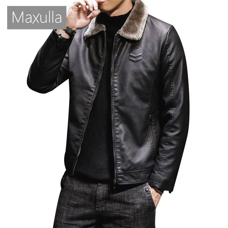 Winter Men's PU Leather Jacket Man Fur Collar Fleece Lined Warm Motorcycle Coats Stylish Men Business Leather Jackets Clothing