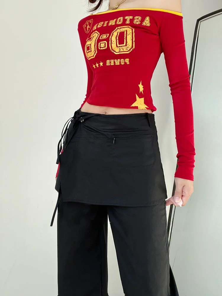 ストリートスタイル ハイウエスト ワイドレッグパンツ アシンメトリーヘム ガールズ風 フェイクツーピース スカートパンツ カジュアルパンツ レディース