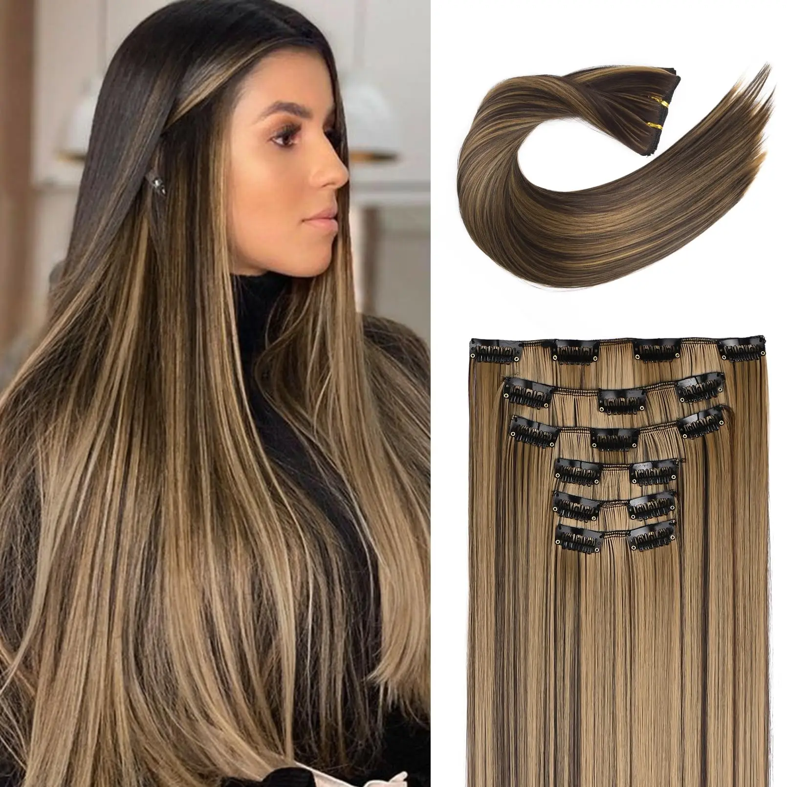 Synthetic 24 Inch Highlight Clip In Hair Extensions Straight 6Pcs/Set Caramel Blonde Clip On Hairpieces For Women Daily