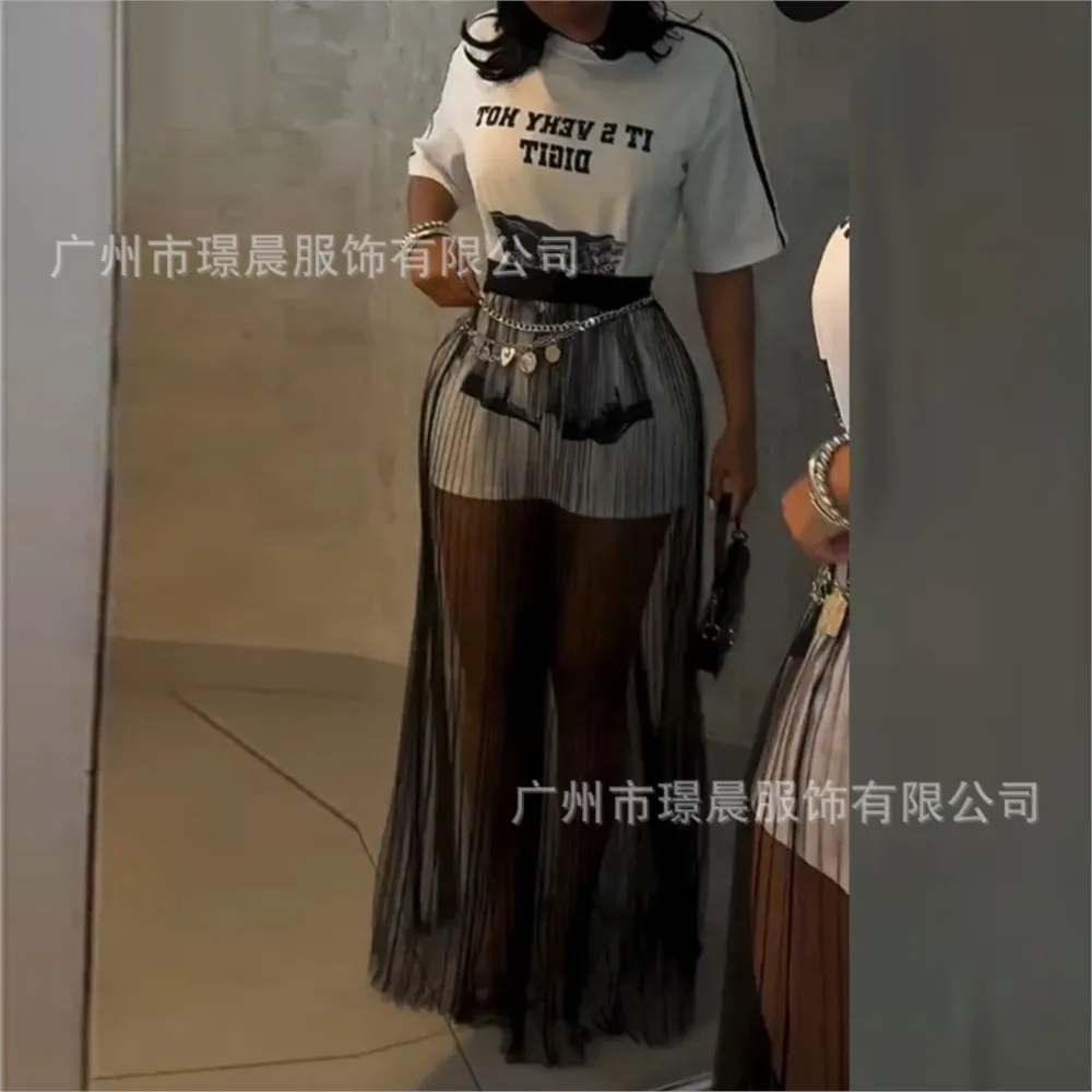 Temperature Casual Women's Suit 2025 Summer Round Neck Letter Printed Short Sleeves T-shirt top+See-through Skirt Two-piece Suit
