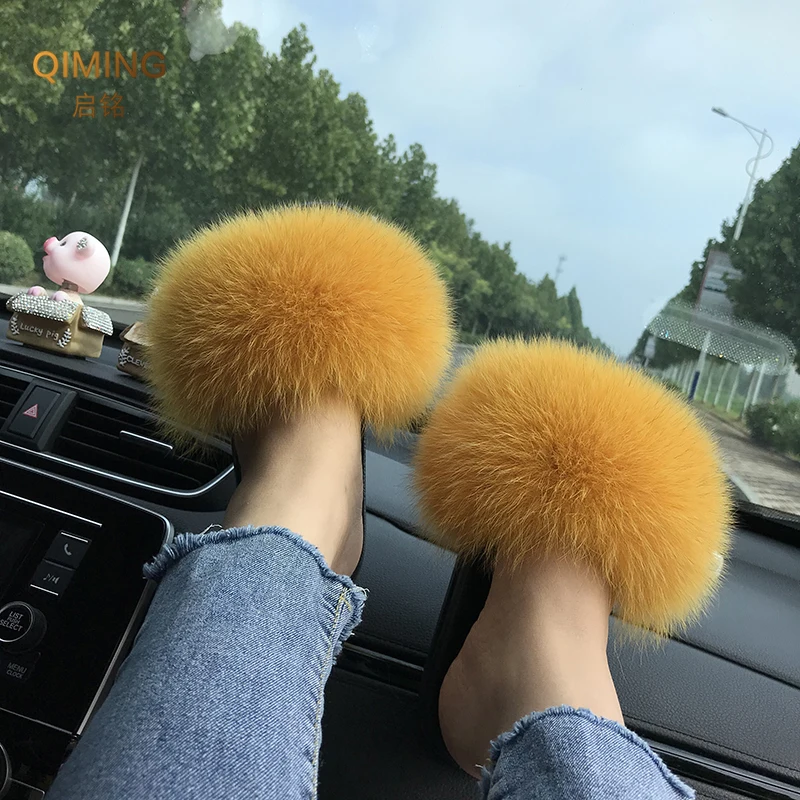 Verão Real Fur Slippers Senhoras Interior Furry Fur Flip Flops Mulheres Plush Fox Fur Slides Para As Mulheres Casa Sapatos Mulher Chinelo Praia