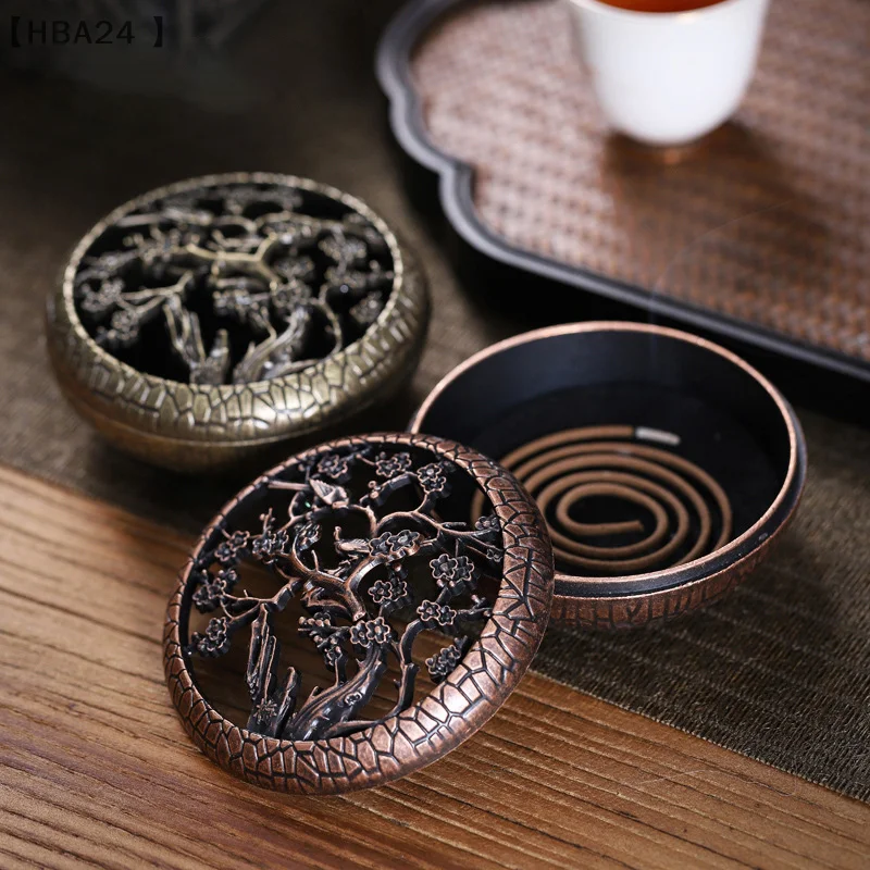 Antique Incense Burner With Hollow Cover Plum Orchid Bamboo Metal Mosquito Coil Holder Home Sandalwood Incense Stove Plate