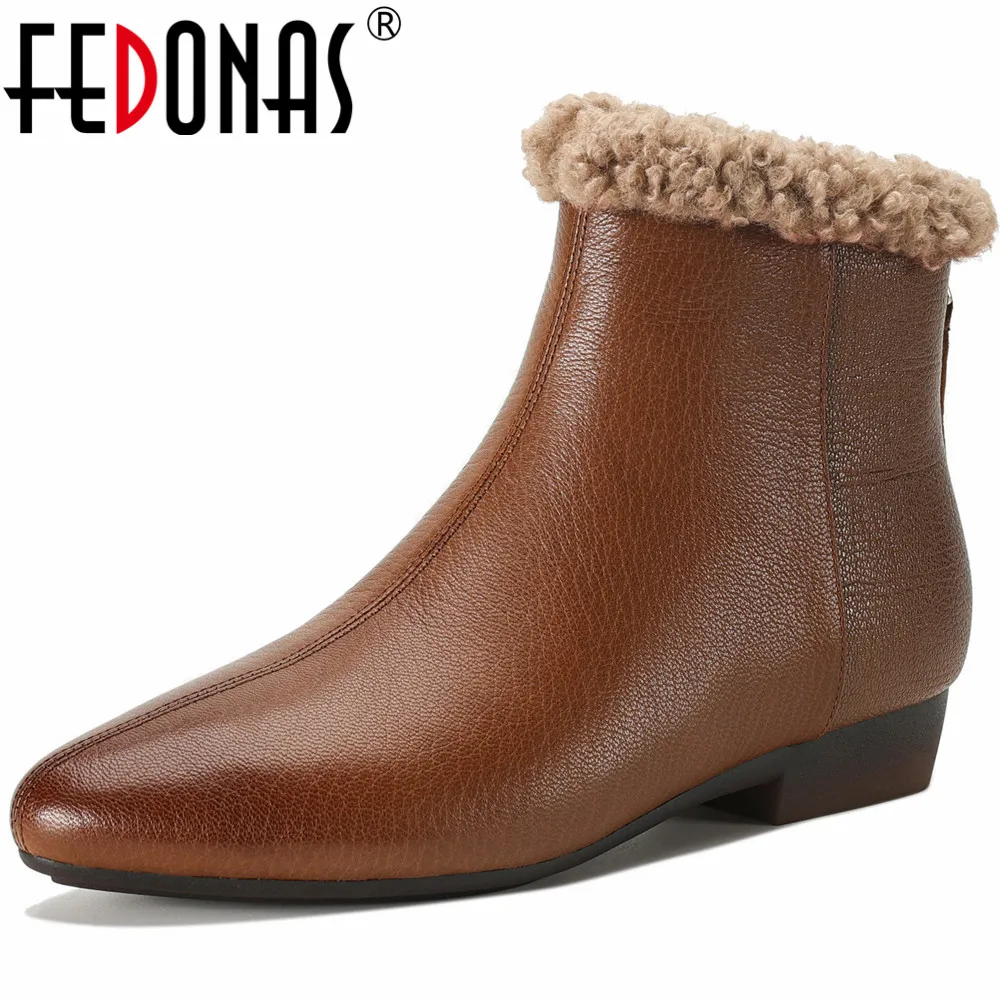 

FEDONAS Autumn Winter Warm Women Ankle Boots Round Toe Concise Genuine Leather Shoes Woman Back Zipper Low Heels Office Lady New