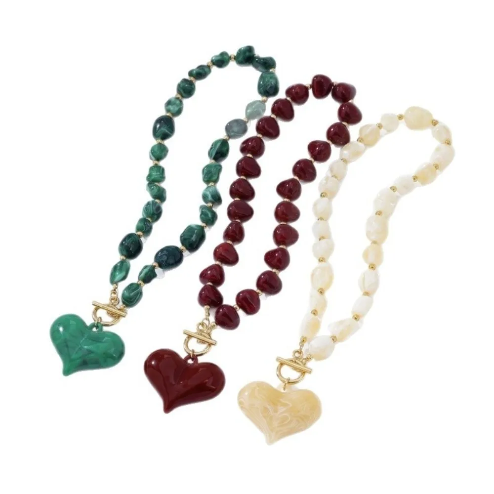Fashion Boho Resin Beaded Green/Red/Cream Apricot Color Chic Chunky Heart Pendant Toggle Clasp Women Jewelry Gift