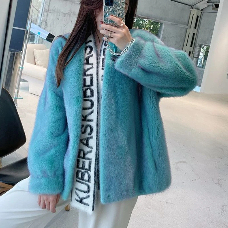 Winter Gradient Faux Fux Collarlless Teal Blue Jacket Coat for Women