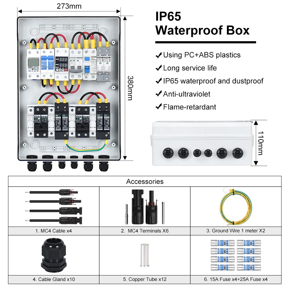 solar combiner box 2 in 2 out AC/DC distribution box 1000V 15A 25A inverter protection connection box economical type