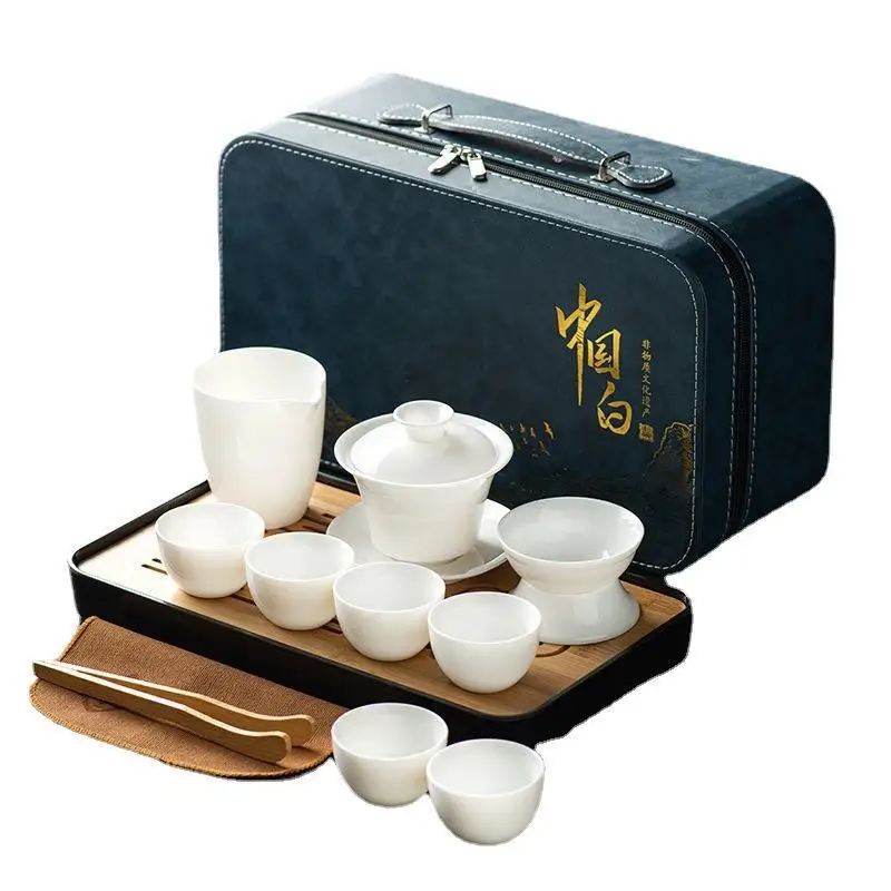 New White Porcelain Tea Set Complete Kung Fu Tea Set Lamb\'s Jade Covered Bowl Tea Cup Travel Tea Set with 6 Cups Home Gifts