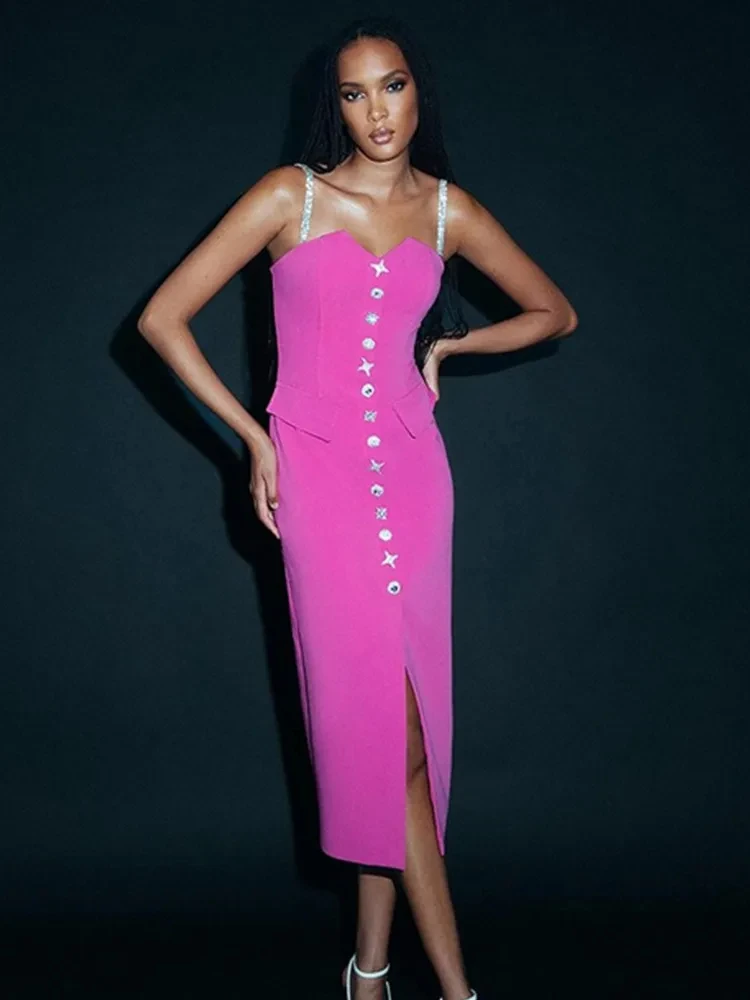 2024 Women Celebrity Sexy V Neck Backless Button Hot Pink Midi Bodycon Bandage Dress Elegant Evening Club Party Outfit