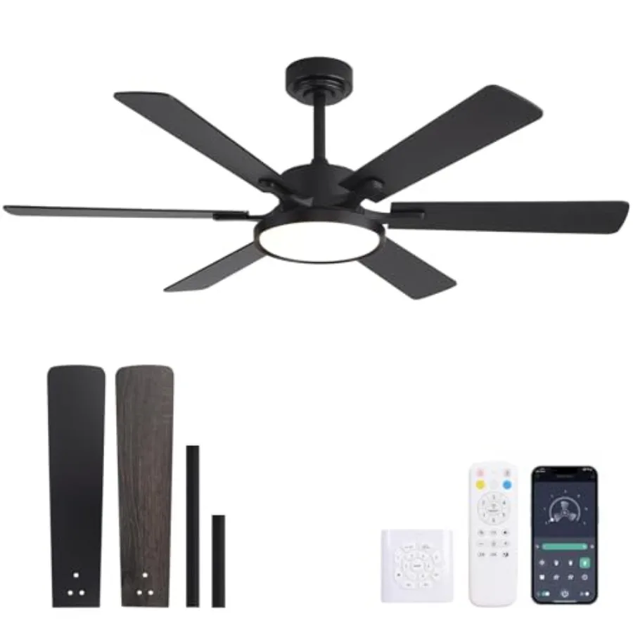 52in Black Low Profile Ceiling Fan with Light, Remote Control, 6 Blades, Dimmable LED, Flush Mount, Reversible, 6 Speeds, Ultra