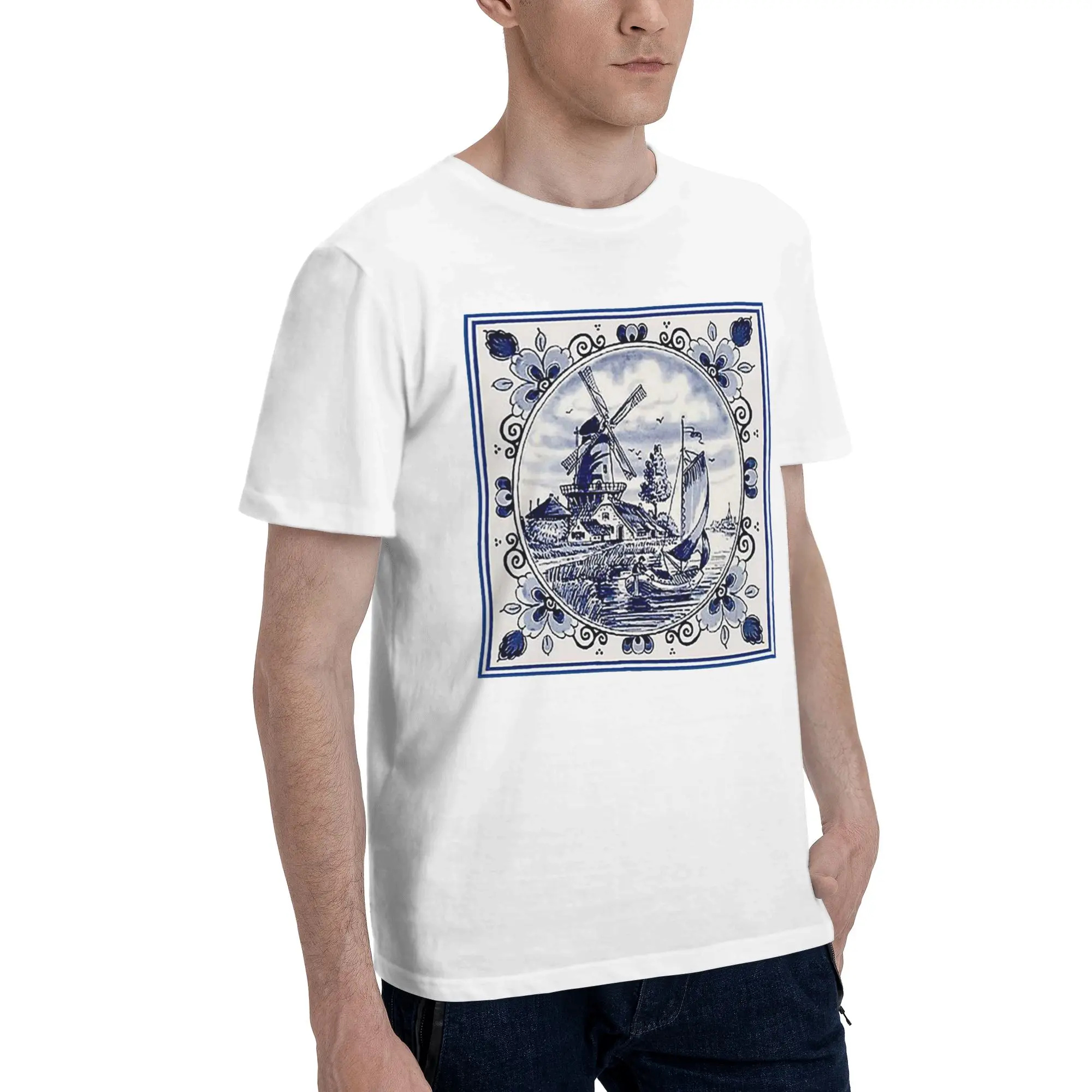 

Dutch Blue Delft Vintage Windmill Print Men T-Shirt Oversized T Shirts Men's Crew Neck Cotton Tees Short Summer Male