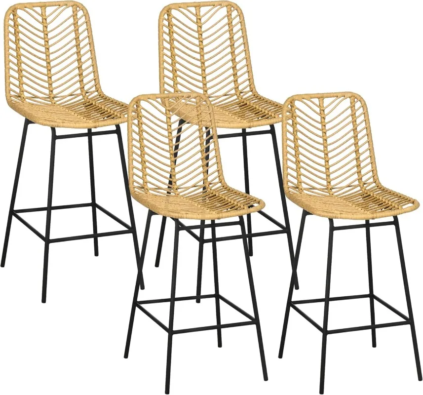 

Rattan Bar Stools Set of 4, 26" Counter Height Barstools, Boho Kitchen Island Stools with Breathable Wicker Seat and Back