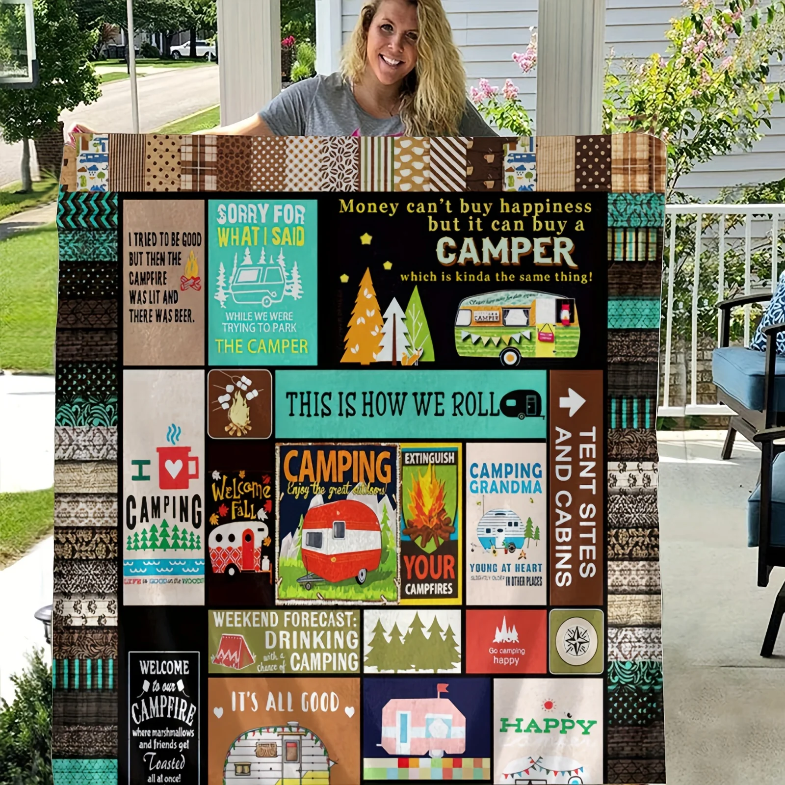 1pc Camping Blanket Happy Camper Throw Blanket And Soft Warm Camper Outdoor Blanket For Sofa Couch Bed Chair Travel