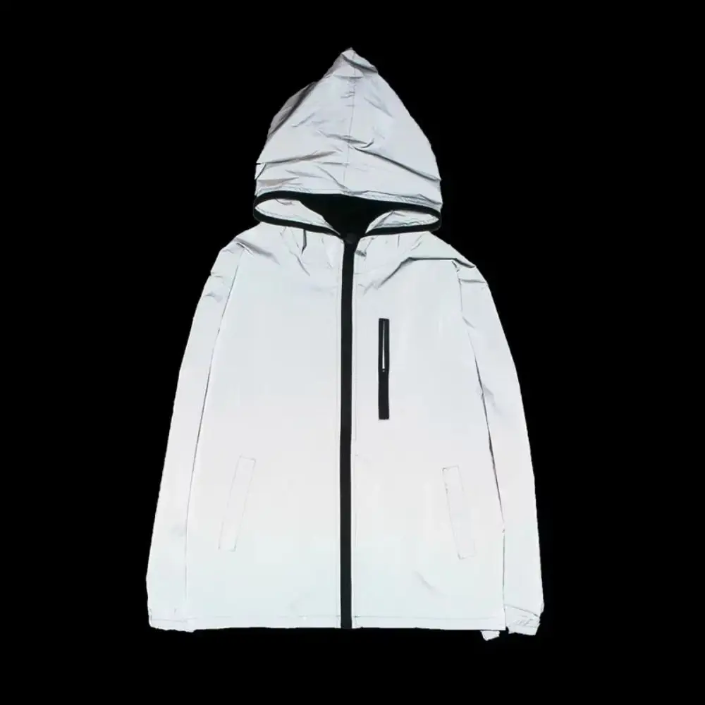 

Night Warning Reflective Jackets with Chest Pocket Windproof Hooded Jacket High Street Hip Hop Reflective Windbreaker Women Men